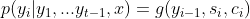 p(y_i|y_1,...y_{t-1},x) = g(y_{i-1},s_{i},c_i)