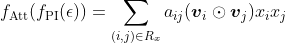 f_{\text{Att}}(f_{\text{PI}}(\epsilon))=\sum_{(i,j) \in R_x} a_{ij}(\boldsymbol{v}_i \odot \boldsymbol{v}_j)x_ix_j