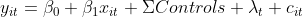 y_{it}=\beta_0+\beta_1x_{it}+\Sigma Controls+\lambda_t+c_{it}