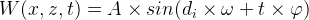 \large W(x,z,t)= A\times sin(d_i\times \omega + t\times \varphi )