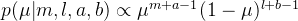 p(\mu|m,l,a,b) \propto \mu^{m+a-1}(1-\mu)^{l+b-1}