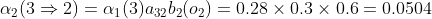 \alpha_{2}(3\Rightarrow 2)=\alpha_{1}(3)a_{32}b_{2}(o_{2})=0.28\times0.3\times0.6=0.0504