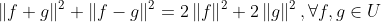 \left \| f+g \right \|^{2}+\left \| f-g \right \|^{2}=2\left \| f \right \|^{2}+2\left \| g \right \|^{2},\forall f,g \in U