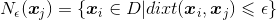 N_\epsilon(\boldsymbol{x}_j) = \{ \boldsymbol{x}_i \in D| dixt(\boldsymbol{x}_i,\boldsymbol{x}_j) \leqslant \epsilon\}