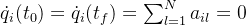 \dot{q}_i(t_0) =\dot{ q}_i(t_f) = \sum_{l=1}^{N} a_{il} = 0