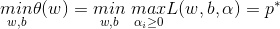 \underset{w,b}{min}\theta(w)=\underset{w,b}{min}\ \underset{\alpha_i\geq 0}{max}L(w,b,\alpha)=p^*