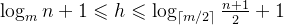 \log _{m}n+1\leqslant h\leqslant \log _{\left \lceil m/2 \right \rceil}\frac{n+1}{2}+1