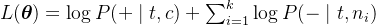 L(\boldsymbol \theta)=\log P(+\mid t,c)+\sum_{i=1}^k\log P(-\mid t,n_i)