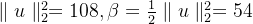 \parallel u \parallel_2^2 =108, \beta = \frac{1}{2}\parallel u \parallel_2^2 = 54