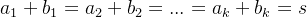 a_1+b_1=a_2+b_2=...=a_k+b_k=s