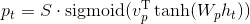 p_{t}=S\cdot \mathrm{sigmoid}(v_{p}^{\mathrm{T}}\tanh(W_{p}h_{t}))