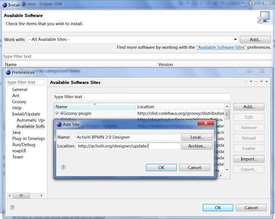 图 3. 添加 Activiti Eclipse Plugin repository