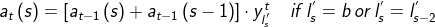 a_{t}\left ( s \right )=\left [ a_{t-1}\left ( s \right )+a_{t-1}\left ( s-1 \right ) \right ]\cdot y_{l_{s}^{'}}^{t}\, \, \, \, \, \, if\, l_{s}^{'}=b\, or\, l_{s}^{'}=l_{s-2}^{'}