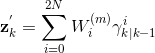 \mathbf{z}_{k}^{'}=\sum\limits_{i=0}^{2N}{W_{i}^{(m)}\mathbf{\gamma }_{k|k-1}^{i}}