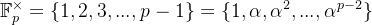 \mathbb{F}_{p}^{\times}=\{1,2,3, ...,p - 1 \} = \{1,\alpha ,\alpha^{2},..., \alpha^{p-2} \}