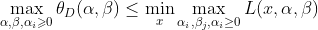 \max_{\alpha,\beta,\alpha_{i} \geqslant 0}\theta _{D}(\alpha,\beta) \leq \min_{x}\max_{\alpha_{i},\beta_{j},\alpha_{i}\geq 0}L(x,\alpha,\beta)