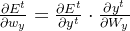 \frac{\partial E^{t}}{\partial w_{y}}=\frac{\partial E^{t}}{\partial y^{t}}\cdot\frac{\partial y^{t}}{\partial W_{y}}