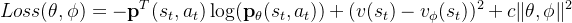 $Loss(\theta,\phi)=-\bold{p}^T(s_t,a_t)\log(\bold{p}_{\theta}(s_t,a_t))+(v(s_t)-v_{\phi}(s_t))^2+c\|\theta,\phi\|^2$