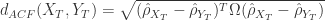 d_{ACF}(X_{T},Y_{T}) = \sqrt{(\hat{\rho}_{X_{T}}-\hat{\rho}_{Y_{T}})^{T}\Omega(\hat{\rho}_{X_{T}}-\hat{\rho}_{Y_{T}})}