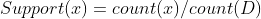 Support(x)= count(x)/ count(D)