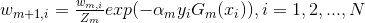 w_{m+1,i} = \tfrac{w_{m,i}}{Z_m}exp(-\alpha _my_iG_m(x_i)),i=1,2,...,N