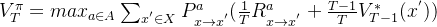 V_{T}^{\pi}=max_{a \in A}\sum_{x^{'}\in X}P_{x\rightarrow x^{'}}^a(\frac{1}{T}R_{x \rightarrow x^{'}}^a+\frac{T-1}{T}V_{T-1}^{*}(x^{'}))