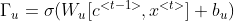 \Gamma _u = \sigma(W_u[c^{<t-1>}, x^{<t>}] + b_u)