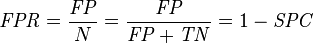 \mathit{FPR} = \frac {\mathit{FP}} {N} = \frac {\mathit{FP}} {\mathit{FP} + \mathit{TN}} = 1 - \mathit{SPC}