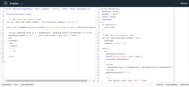 Prettier Playground 分左右两栏，左边是原始代码，右边是格式化后的代码