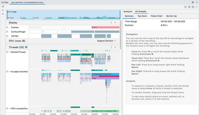 Android Studio 4.1 Beta 1 中的 System Trace 界面