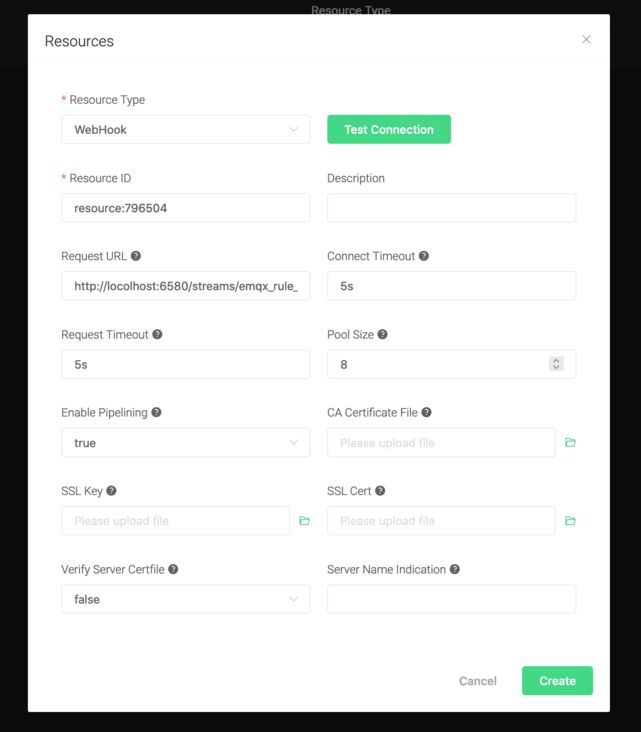 EMQ X Dashboard test connection