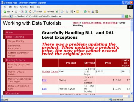Scott Mitchell 的ASP.NET 2.0数据教程之十八:: 在ASP.NET页面中处理BLL/DAL层的异常