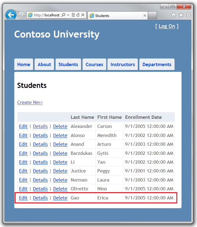 Contoso 大学 - 2 – 实现基本的增删改查