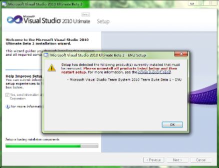 安装vs2010 Bata2前先把vs2010 Bata1卸载