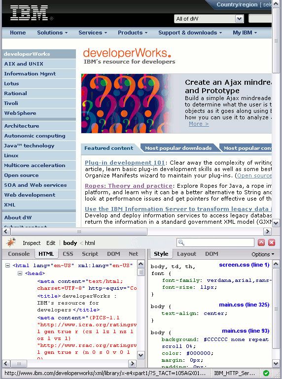 Firebug 显示了 developerWorks 的首页
