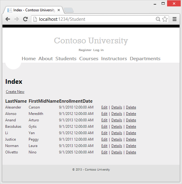 Student Index page