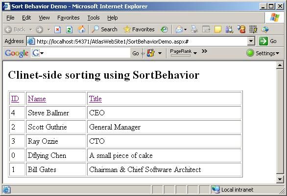 使用ASP.NET Atlas SortBehavior实现客户端排序