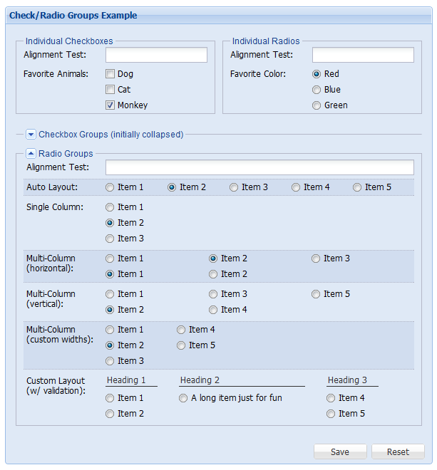 Extjs4循序渐进(三)——表单及表单控件详解一(表单布局和基础控件 Text,TextArea,Number,Checkbox,Radio,Date)