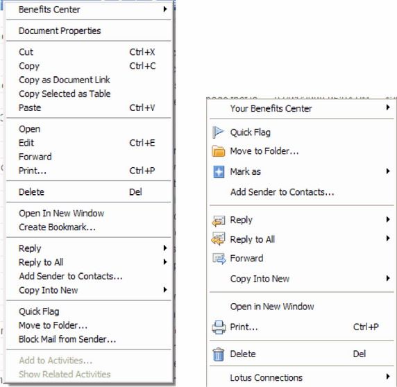 图 1. 来自同一发送者的邮件的右键单击菜单；v8.0.2（左）和 v8.5（右）