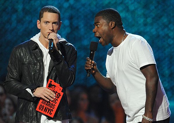 Eminem and Tracey Morgan present the Best New Artist award on stage at the 2009 MTV Video Music Awards at Radio City Music Hall in New York City.