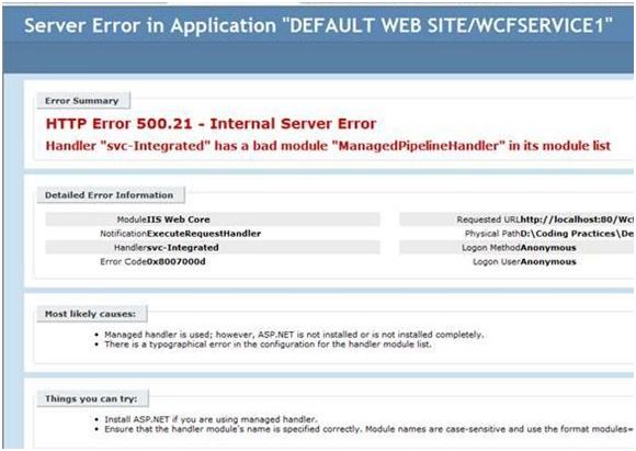 WIN7下IIS7配置WCF发生Error 500.21 附 解决方法