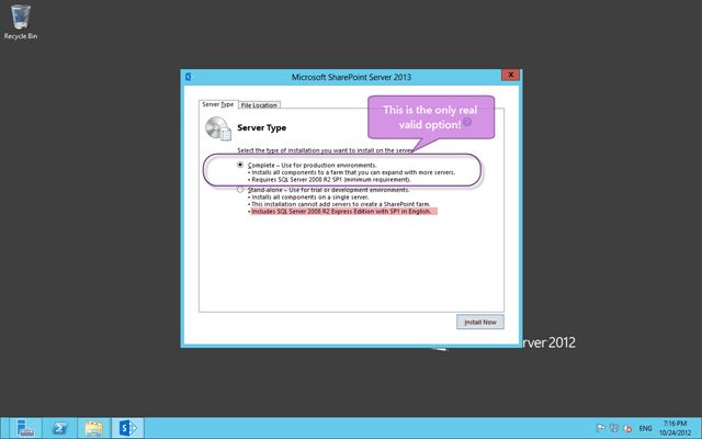 A complete install is the only option for SharePoint 2013
