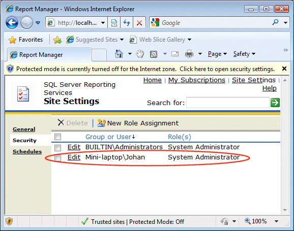 Installing Reporting Services on Windows 7, Vista or Windows Server 2008 无权限(rsAccessDenied)解决方法