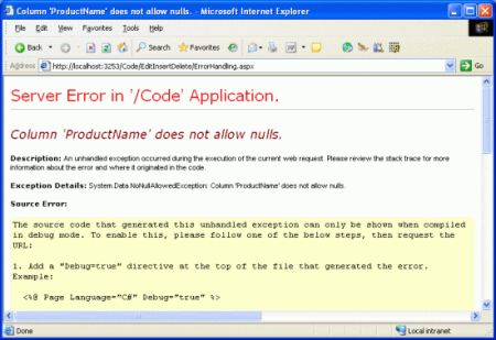 Scott Mitchell 的ASP.NET 2.0数据教程之十八:: 在ASP.NET页面中处理BLL/DAL层的异常