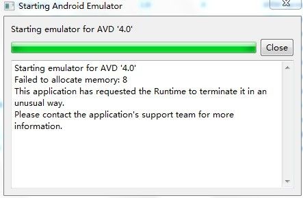 Android 启动模拟器是出现“Failed to allocate memory: 8”错误提示的原因及解决办法