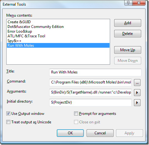 Running Moles using NUnit Console from Visual Studio