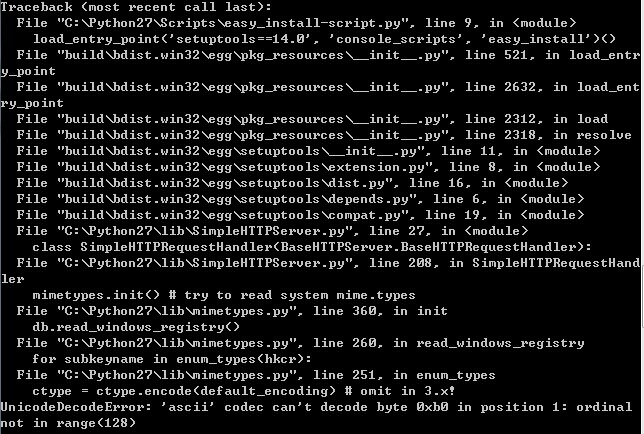 python2.7.6 , setuptools pip install, 报错：UnicodeDecodeError:'ascii' codec can't decode byte