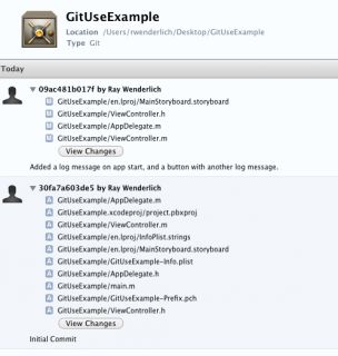 A git commit log in Xcode's organizer