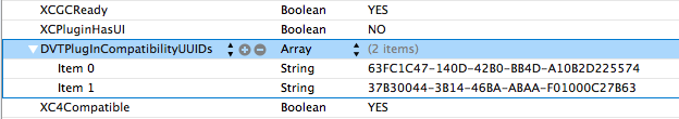 编写xcode5插件需要增加DVTPlugInCompatibilityUUIDs