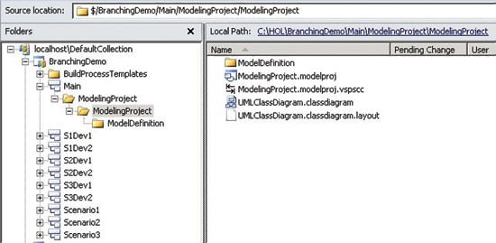 image: BranchingDemo Team Project, as Viewed in the Source Explorer